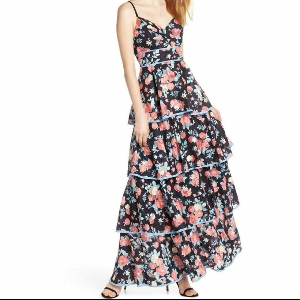 Foxiedox black floral Darlene piped tiered formal maxi dress medium MSRP 198